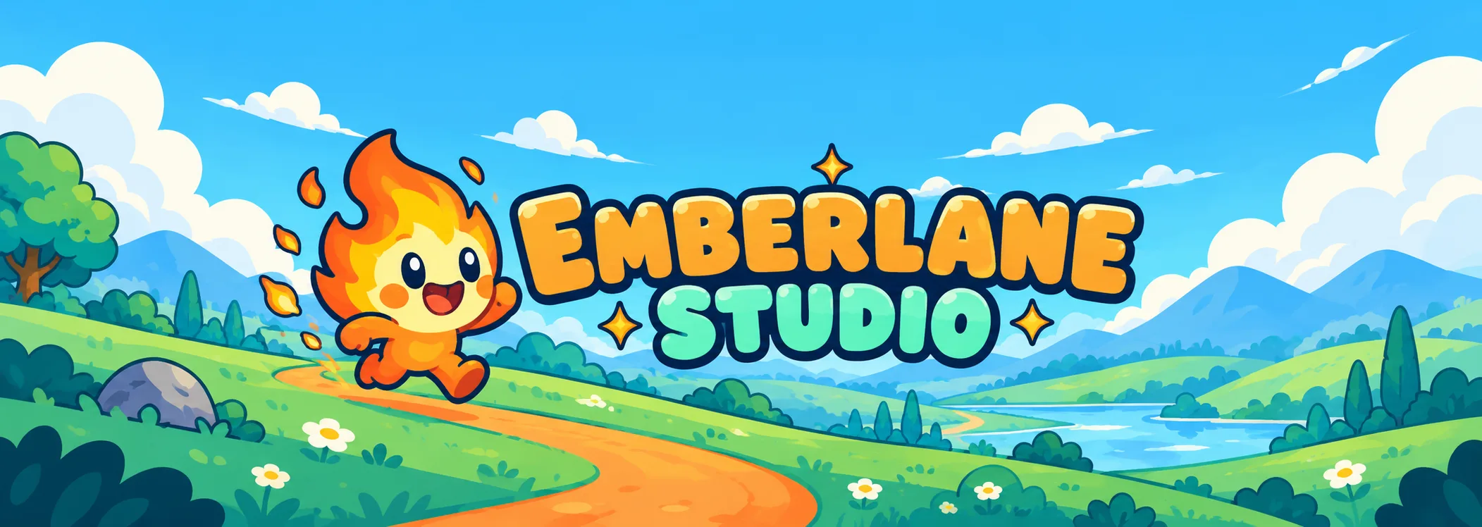 Emberlane Studio banner: Ember the fire mascot runs down a sunny path through green hills